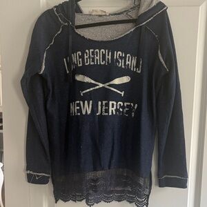 Navy Long Beach Island Hoodie with Lace Hem